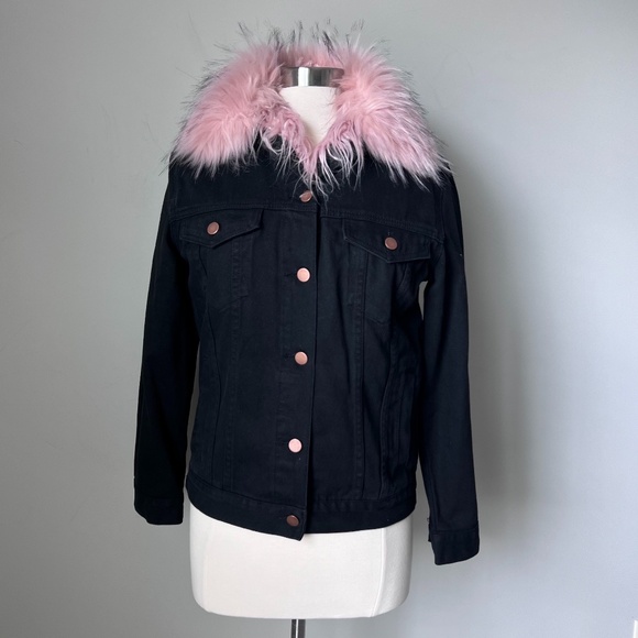 Shaci Fur Jacket Black Jean Jacket Pink Faux Fur - Picture 4 of 16